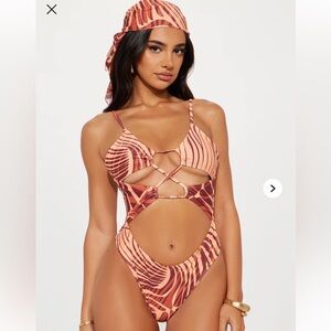 Fashion Nova Vibrant Patterned Swimsuit in Red and Tan